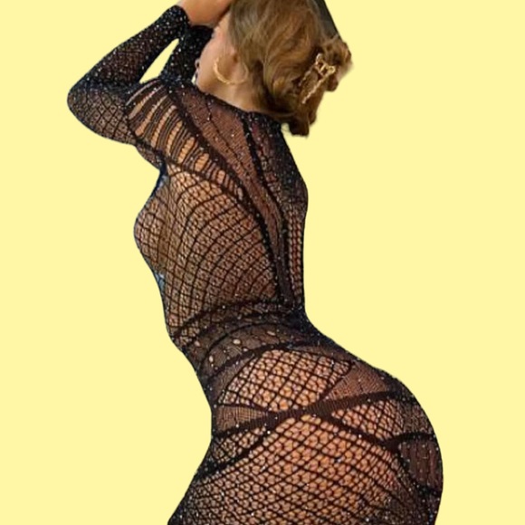 Women's Mesh Lingerie Rhinestone Sexy Long Sleeve Mesh Mini Dress Lingerie. NWT. - Picture 5 of 5